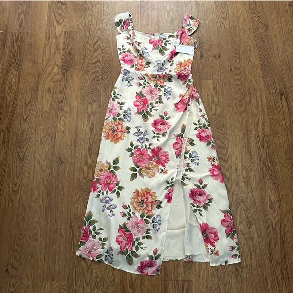 Reformation Beige Floral Genesis Off The Shoulder Back Smoking Silk Dress size 8 - Picture 4 of 13